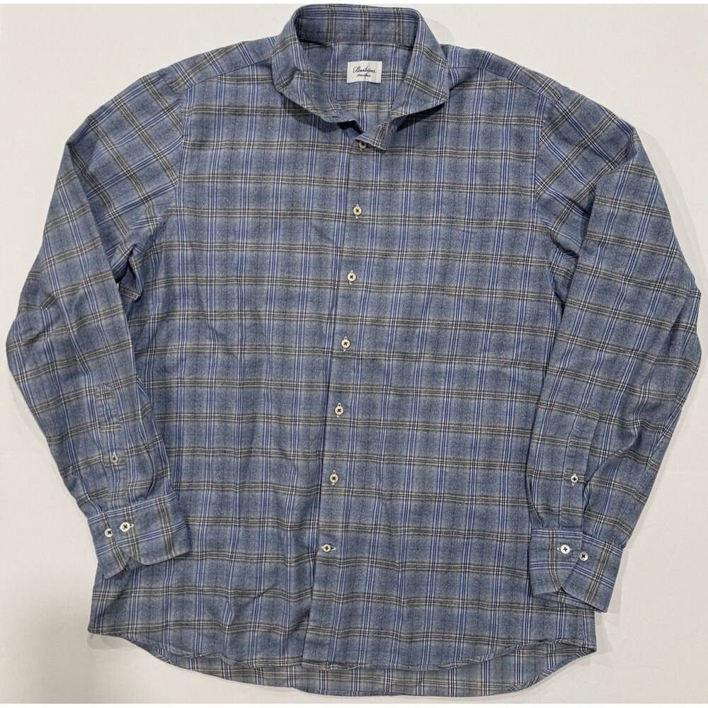 Stenströms Fitted Body Blue Brown Tartan Check Plaid Dress Shirt 17.5 44 Cotton